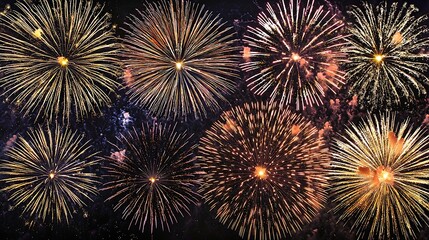 Copper and gold fireworks bursting across night sky, long exposure capture highlighting radiant trails