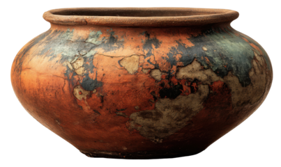 A close-up shot of a round, earthenware pot with a map-like design on its surface.