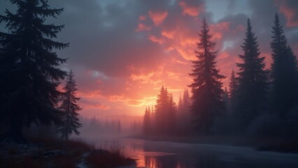 Fiery sunset illuminates forest trees reflecting in tranquil river.