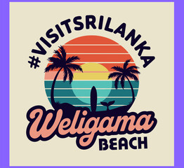 Visit Sri Lanka Weligama Beach Hashtag Typography Retro Sunset Circle with Surfer Palm Trees Vector Badge