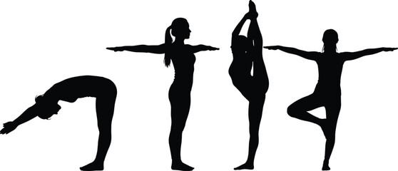 Silhouettes of women practicing yoga poses with balance, stretching, meditation, fitness, flexibility, exercise, wellness, relaxation, calm, healthy lifestyle, vector design