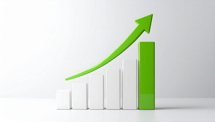 Bar chart with upward arrow on white background. Profit growth and positive market trends