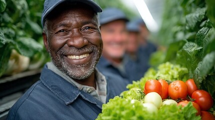 Smiling farmer holding fresh vegetables in greenhouse promoting sustainable agriculture and local