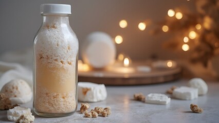 Frothy beverage in glass bottle surrounded by meringue kisses at home