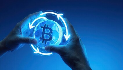 Blue-toned image of hands cradling a glowing coin with circular arrows