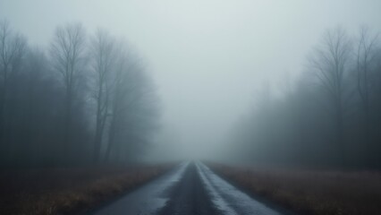 Obraz premium Foggy Road Through a Forest in Overcast Weather, Eerie and Misty Scene