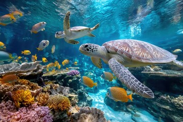 Obraz premium Sea Turtles Swimming Among Coral and Fish