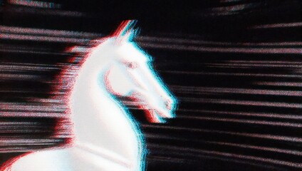 An artistic rendering of a white equine head, distorted with an anaglyph effect