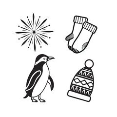 Cute penguin and winter accessories icons seamless pattern for festive holiday design isolated on transparent background