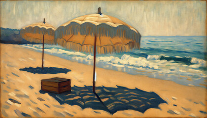 Naklejka premium Two Beach Umbrellas Painting in Warm Tones Representing Summer Vacation on the Coast