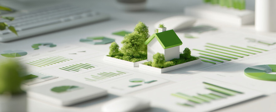 Ecological construction project model with green elements and visual data display