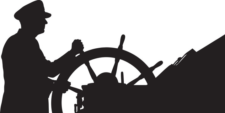 Silhouette of a Ship Captain Steering a Wheel on a White Background helm on white background also transparent background
