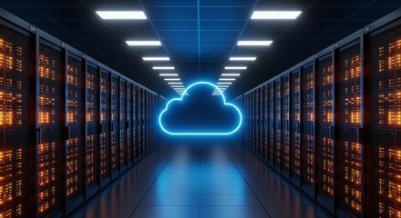Modern cloud computing in data center with bright neon cloud symbol and server racks