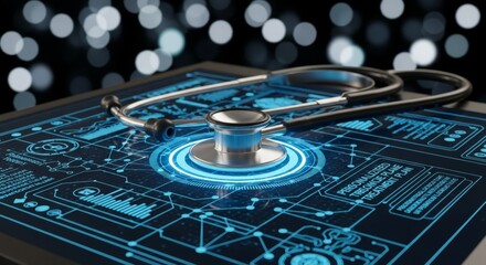 Futuristic medical technology concept with digital interface and stethoscope