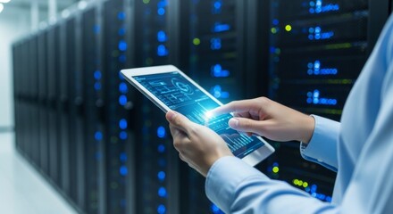 Male technician using tablet in data center with servers and networking equipment
