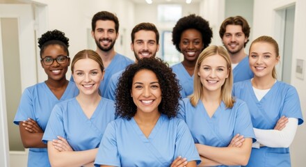 Diverse group of medical professionals smiling in a hospital corridor
