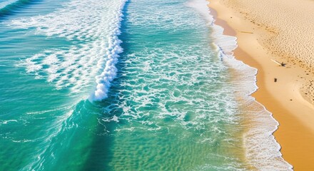 Aerial View of Turquoise Ocean Waves Crashing on Sandy Beach with Surfboard