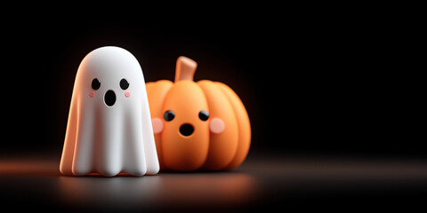 Cute 3D ghost and pumpkin on dark background. Minimal Halloween banner with copy space