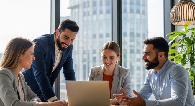 Caucasian and hispanic young adults collaborating in modern office environment