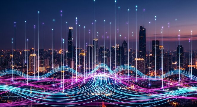Futuristic cityscape with digital waves and glowing data streams at night