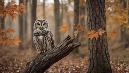 An owl, alert, perched on a branch within a misty forest during autumn