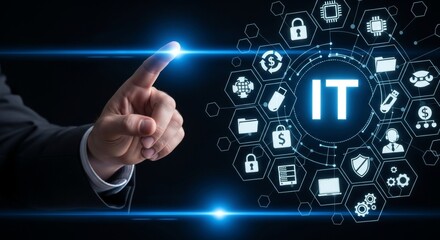 Male hand interacting with futuristic it interface displaying technology icons