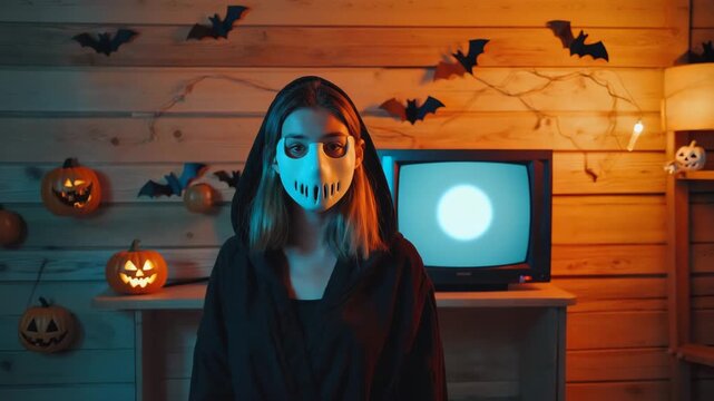 Mysterious Woman in Skull Mask in a Spooky Halloween Setting with Pumpkins and Bats. footage video