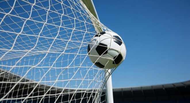 Soccer ball scoring a goal in stadium net against clear blue sky