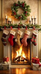 Christmas fireplace with stockings and wreath in a cozy home setting