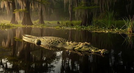 Alligator swimming in a misty swamp at sunrise.