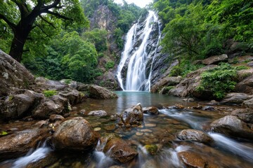 Tranquil Waterfall Cascading into Rocky Stream in Lush Forest