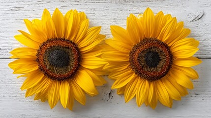 Bright sunflowers on a light wooden background, arranged in a floral pattern and viewed from above, adorn a birthday greeting card with a feminine and cheerful design, perfect for a mom or girl's