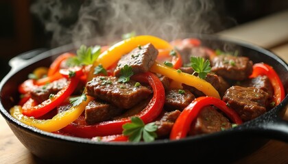 Appetizing photo of sizzling beef stir fry with colorful bell peppers. Dish cooked in pan garnished with fresh herbs. Tasty meal visual for food blog or restaurant.