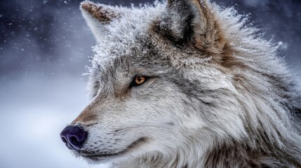 Obraz premium In the frozen wilderness of the arctic landscape, a close-up shot of a wild wolf with frost-covered fur embodies the beauty and strength of arctic wildlife during the winter season