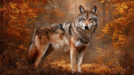 Obraz premium Digital artwork featuring a majestic wolf set against the backdrop of an autumn forest, replete with vibrant fall foliage, serves as a wildlife illustration that showcases fantasy nature and spirit