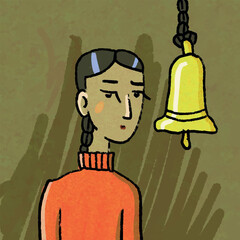 Vector illustration. A sad scene. A girl stands near a bell.