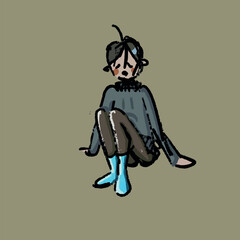 Vector illustration. A sad scene. A girl sitting on the ground.
