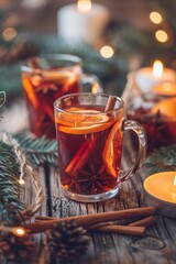 Glass mugs christmas of mulled wine garnished with orange slices, cinnamon sticks, and star anise, surrounded by candles and pine branches.