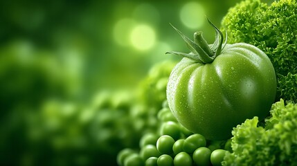 Vibrant green tomato surrounded by fresh peas and lettuce creating a healthy theme