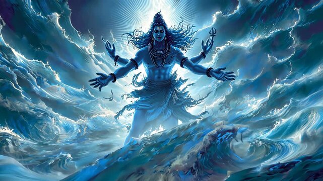 A fantasy depiction of shiva opening his third eye, waves of cosmic power radiating, surreal lighting and divine symbolism