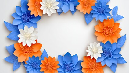 Circular floral arrangement with blue, orange, and white layered paper flowers on white background