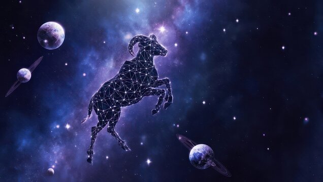 Zodiac constellation of Aries ram formed from starry dots, against a deep space background - Powered by Adobe