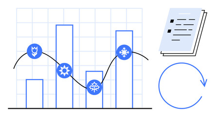 Bar chart with seasonal icons, plotted data line, grid background, documents for reporting, and cycle arrow. Ideal for business, analysis, research, trends planning productivity simple flat