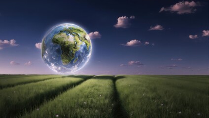A luminous Earth globe floats over a verdant field beneath a partly cloudy sky