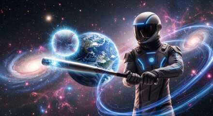 Futuristic astronaut playing baseball in space with earth and galaxies