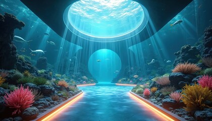 Futuristic underwater aquarium shows diverse marine life. Bright fish swim among colorful coral reefs, anemones. Glowing pathway guides through clear blue water. Sunlight streams through domes,