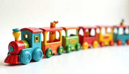 Colorful toy train with connected wagons on white backdrop. Preschool children educational plaything. Amusement park ride concept. Miniature transport for kids fun.