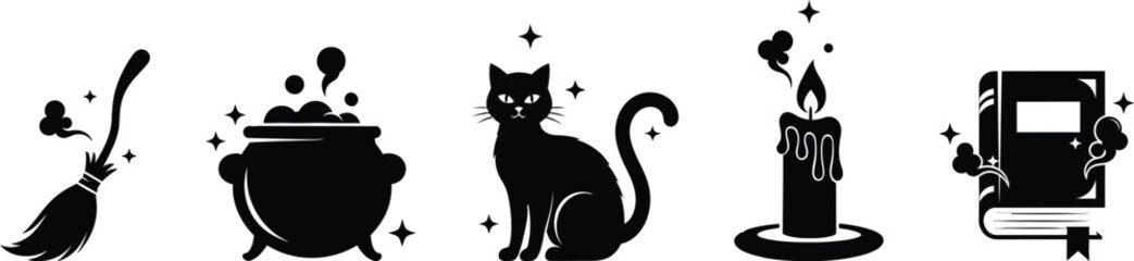 Halloween silhouettes isolated on white background featuring a broom, cauldron, cat, candle, and book