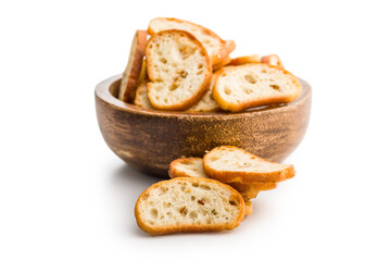 Crispy roasted bruschetta bread isolated on white background.