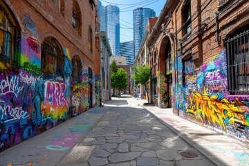 Fototapeta premium Graffiti Alley with Brick Buildings and Skyscrapers